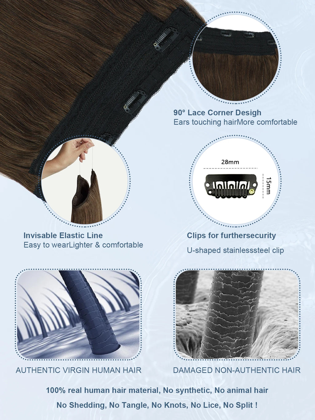 Real Human Hair Halo Hair Extensions with Invisible Wire Adjustable Band Secret Clip-in Extensions for Women 2 Oz Medium Brown