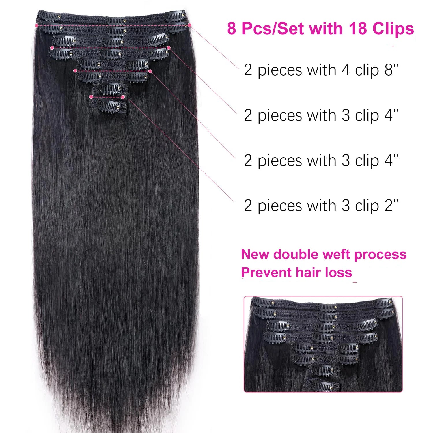 Clip In Hair Extensions Real Human Hair color #4 Chocolate Brown Clip In Hair Extensions 8pcs Hair Natural Black Color 26 Inches