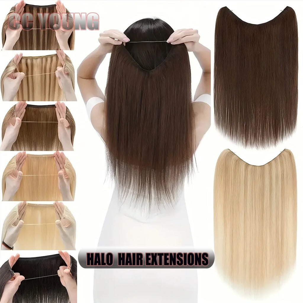 Real Human Hair Halo Hair Extensions with Invisible Wire Adjustable Band Secret Clip-in Extensions for Women 2 Oz Medium Brown