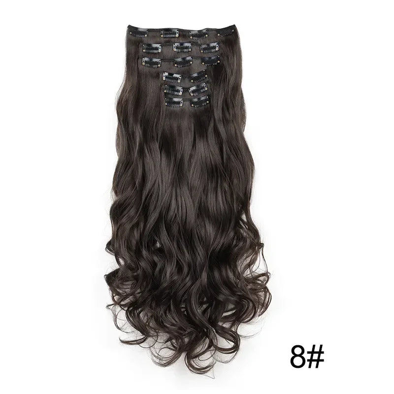 Black Hair Extensions 24"/60cm 6pcs/set Women Long Straight Synthetic Full Head Clip 16 Clips Ombre Heat Resistant Fiber Hair