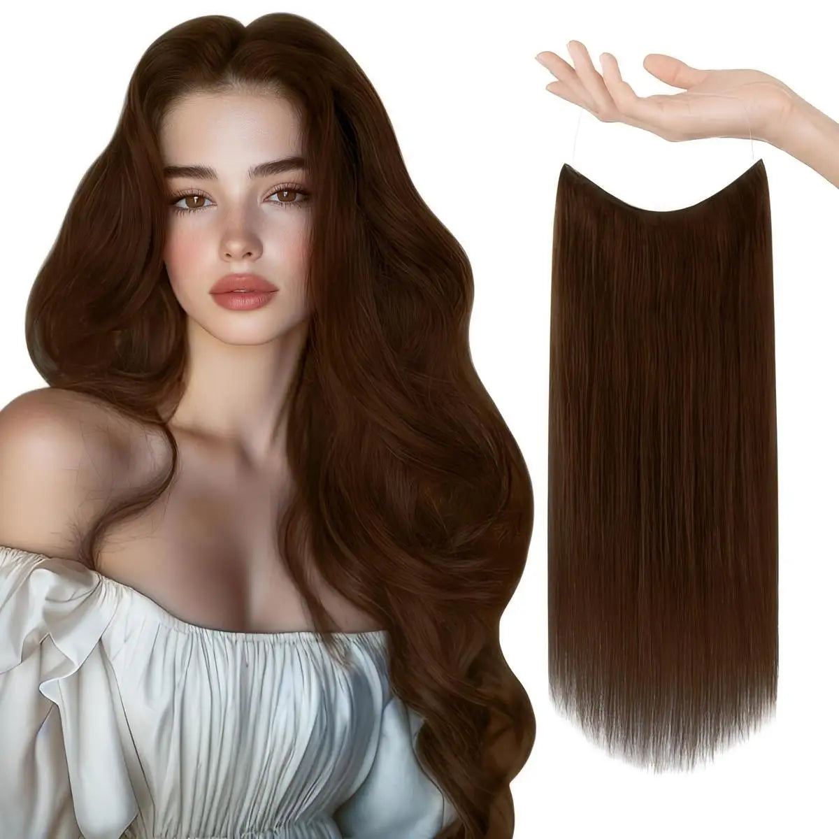 Real Human Hair Halo Hair Extensions with Invisible Wire Adjustable Band Secret Clip-in Extensions for Women 2 Oz Medium Brown