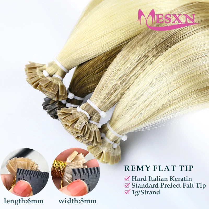 MESXN High Quality Flat Tip Hair Extensions Natural Real Human Fusion Hair Extensions Brown Blonde Color Thickening Of Roots