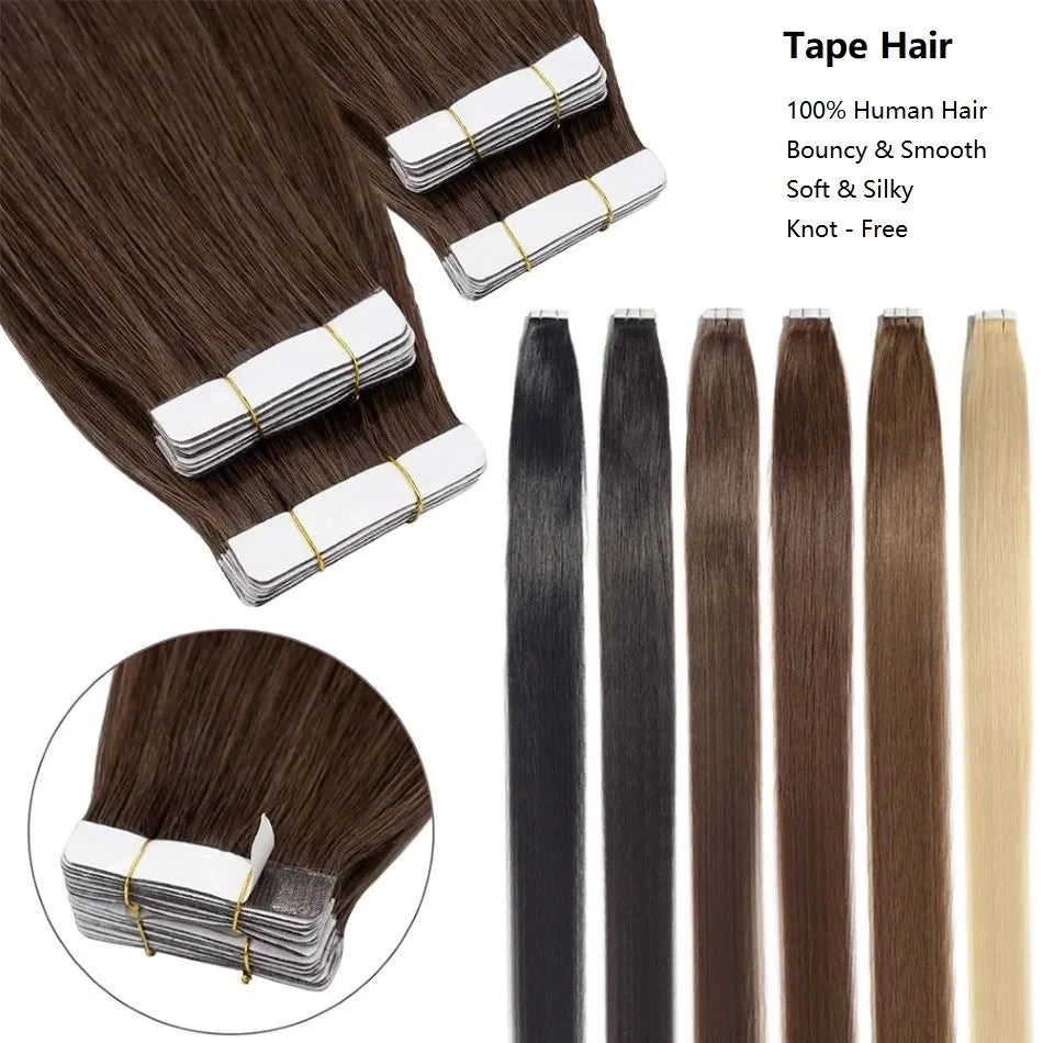Tape Hair Extensions Machine Remy Seamless Skin Weft Adhesive 4x0.8cm Tape In Human Hair Natural Black Brown Blonde 20pcs 26inch