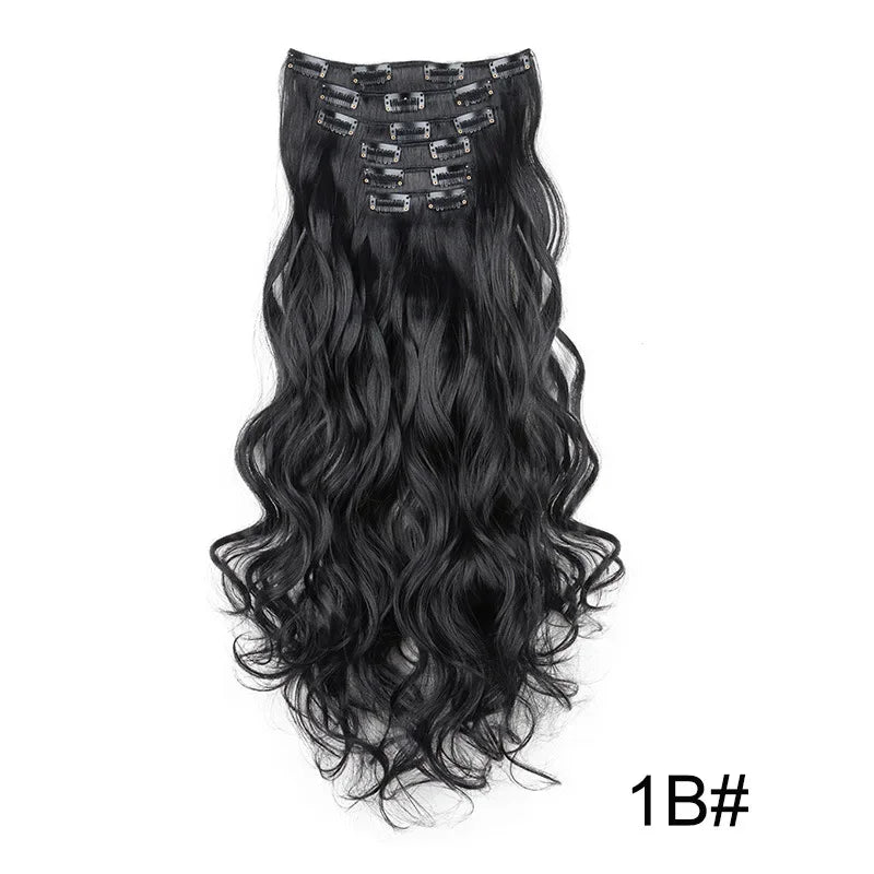 Black Hair Extensions 24"/60cm 6pcs/set Women Long Straight Synthetic Full Head Clip 16 Clips Ombre Heat Resistant Fiber Hair