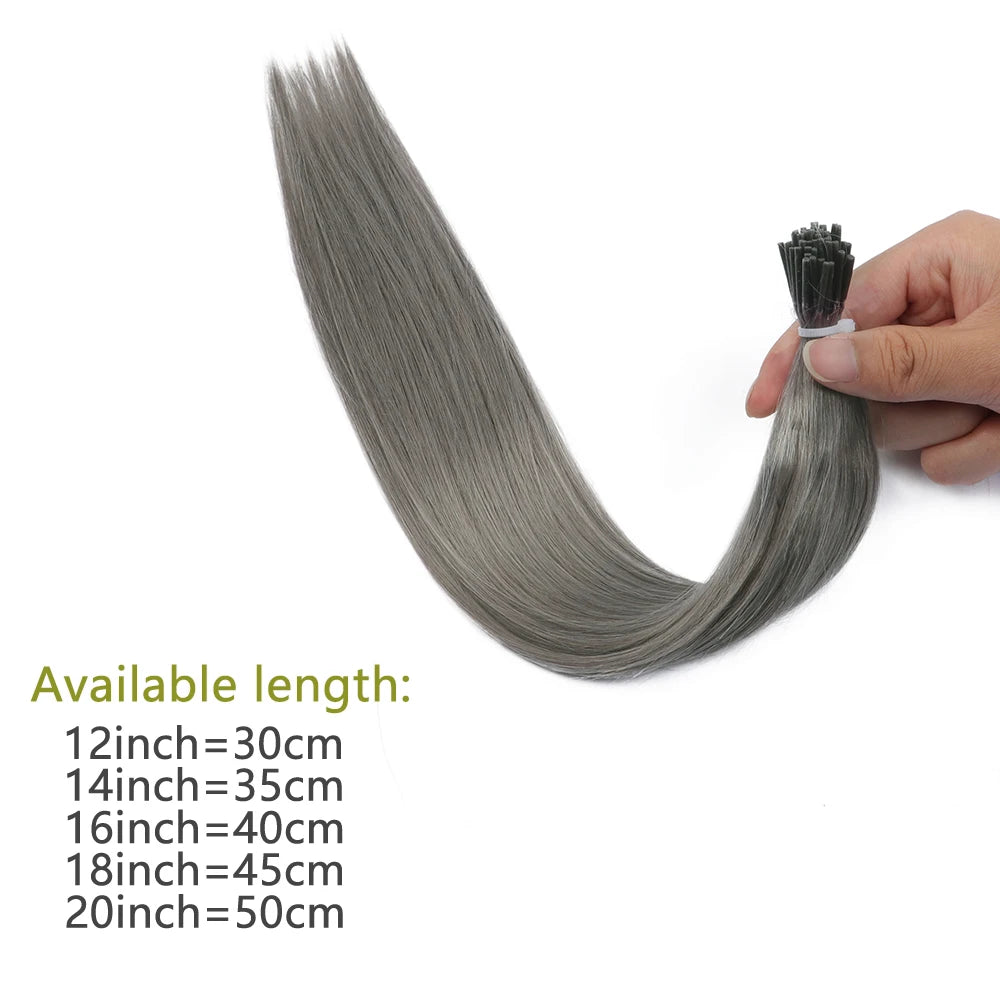 I Tip Keratin Hair Extensions Grey Real Human Hair Pre-Bonded Micro Beads Hair Capsules Micro Link Capsules Hair 12-20 Inch