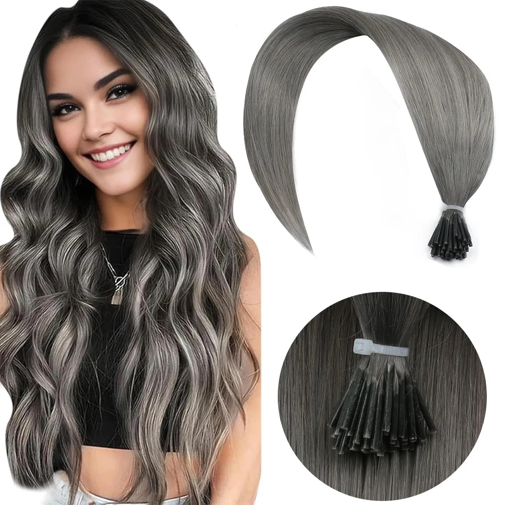 I Tip Keratin Hair Extensions Grey Real Human Hair Pre-Bonded Micro Beads Hair Capsules Micro Link Capsules Hair 12-20 Inch