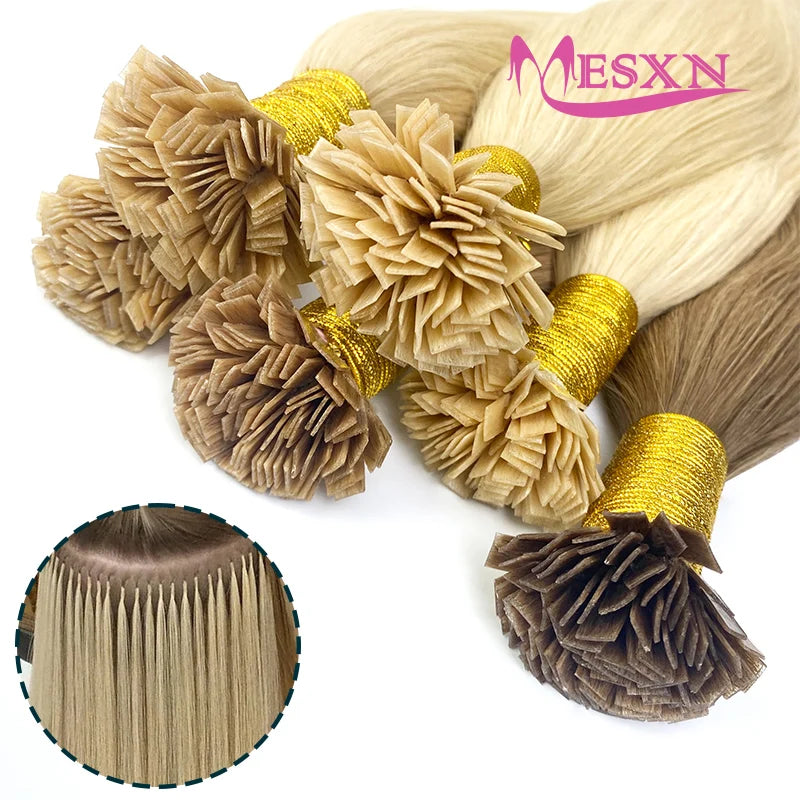 MESXN High Quality Flat Tip Hair Extensions Natural Real Human Fusion Hair Extensions Brown Blonde Color Thickening Of Roots