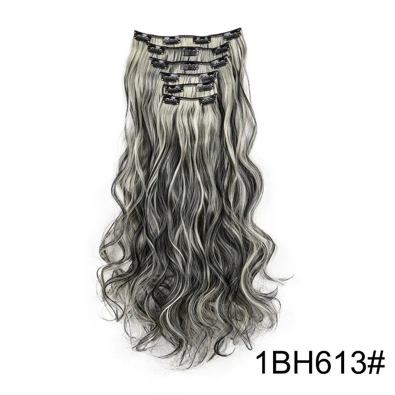 Black Hair Extensions 24"/60cm 6pcs/set Women Long Straight Synthetic Full Head Clip 16 Clips Ombre Heat Resistant Fiber Hair