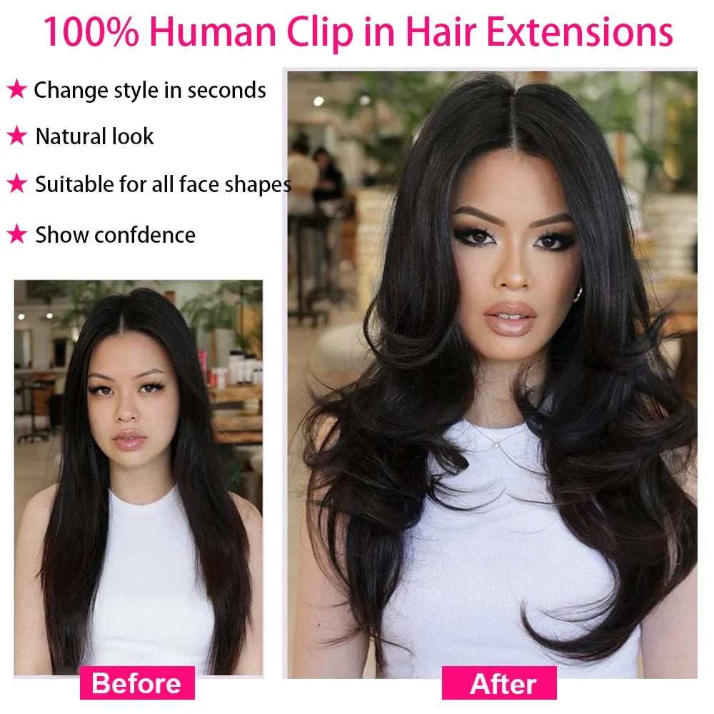 Clip In Hair Extensions Real Human Hair color #4 Chocolate Brown Clip In Hair Extensions 8pcs Hair Natural Black Color 26 Inches