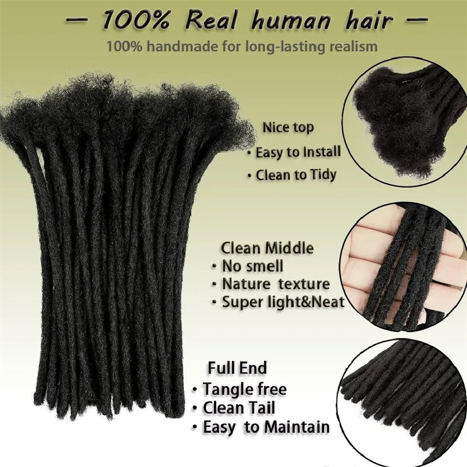100% Real Human Hair Dreadlock Extensions for Man/Women Full Handmade Human Hair Locs Extension 8-24 Inch 0.8 cm Width 10-40 Pcs