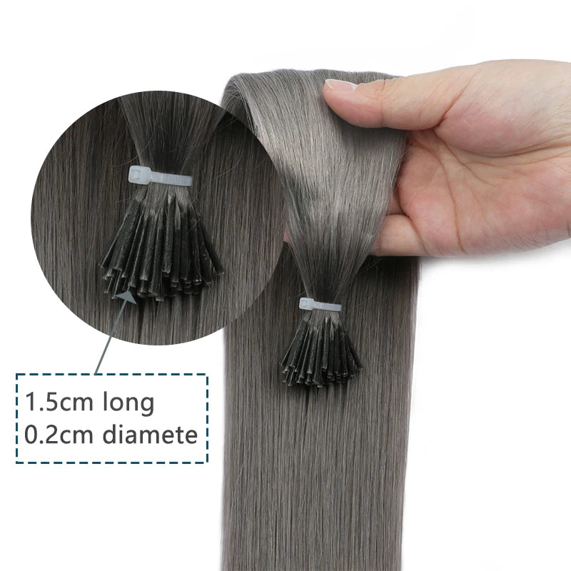 I Tip Keratin Hair Extensions Grey Real Human Hair Pre-Bonded Micro Beads Hair Capsules Micro Link Capsules Hair 12-20 Inch