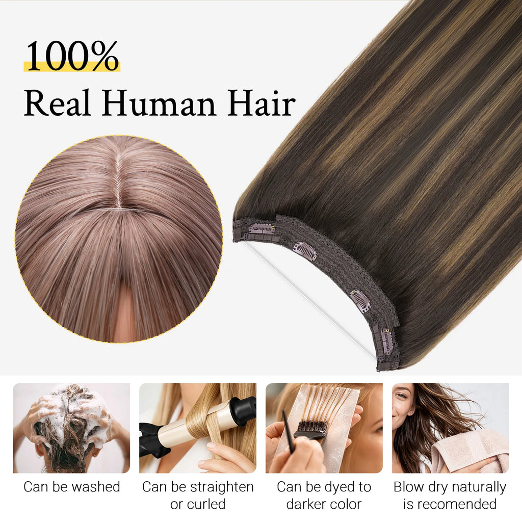 Wire Hair Extensions Real Human Hair Balayage Dark Brown to Chestnut Brown Invisible Transparent Remy Fish Line Hair Extensions