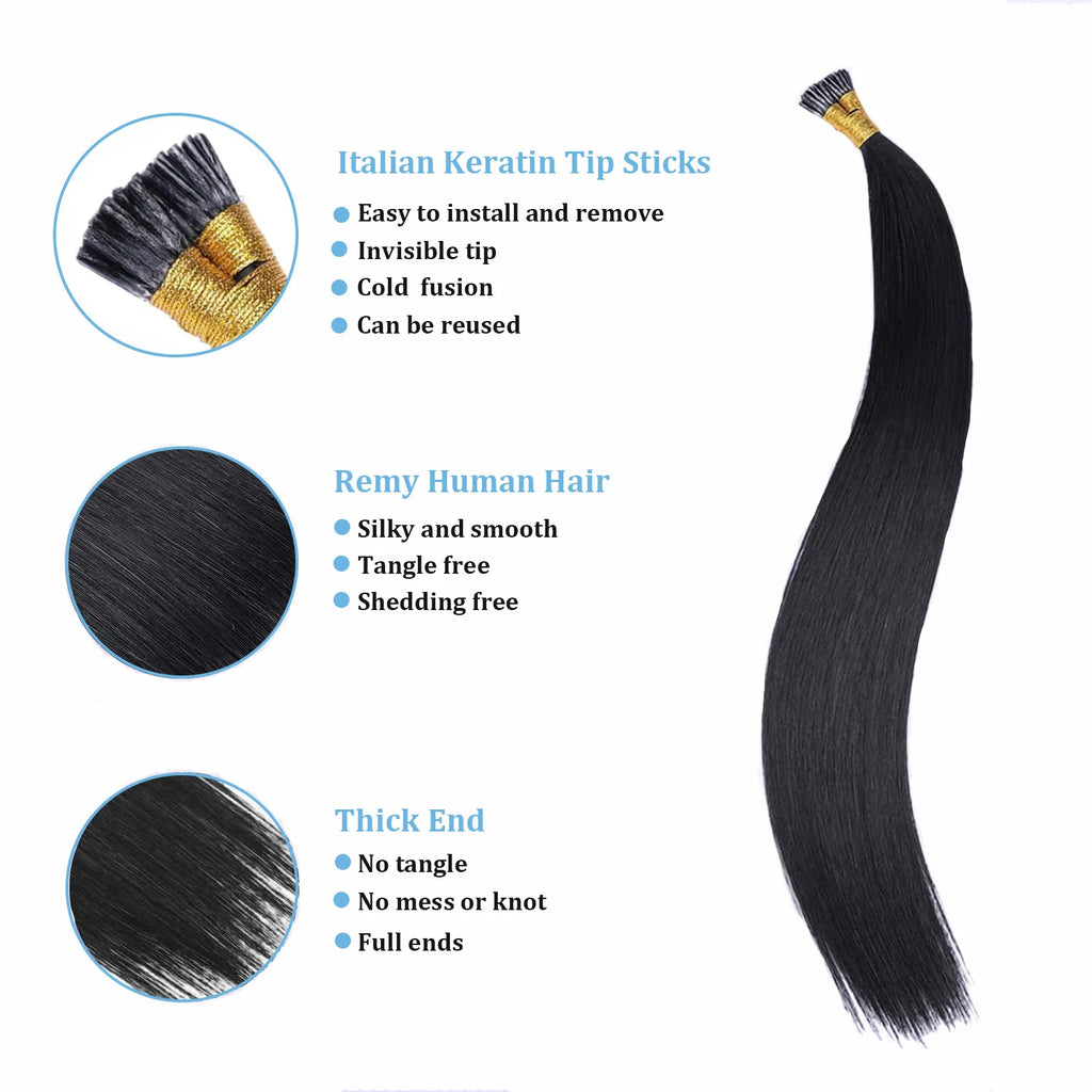 Straight I Tip Human Hair Extensions Double Drawn 100% Real Human Hair bulk Natural Custom I Tip Keratin Human Hair Extensions