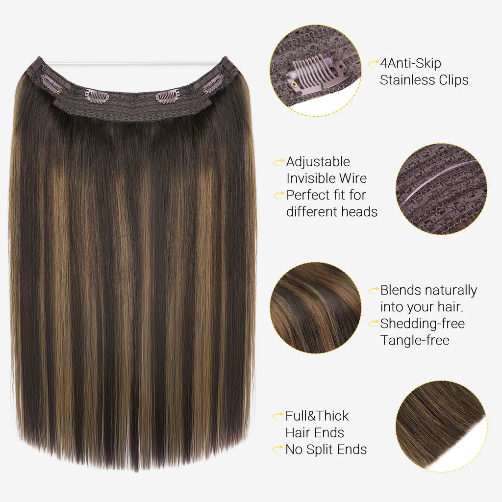 Wire Hair Extensions Real Human Hair Balayage Dark Brown to Chestnut Brown Invisible Transparent Remy Fish Line Hair Extensions