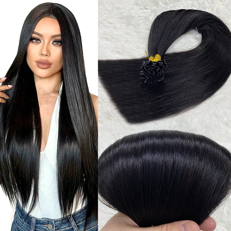 Ugeat Flat Tip Hair Extensions Human Hair Fushion Remy Hair 18-30" 50 Strands/Pack Natural Straight Keratin Hair Extensions
