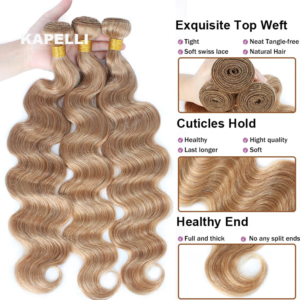 #27 Honey Blonde Body Wave Human Hair Bundles 100% Unprocessed Human Hair Weave Brazilian 15A Raw Hair Bundles Extensions