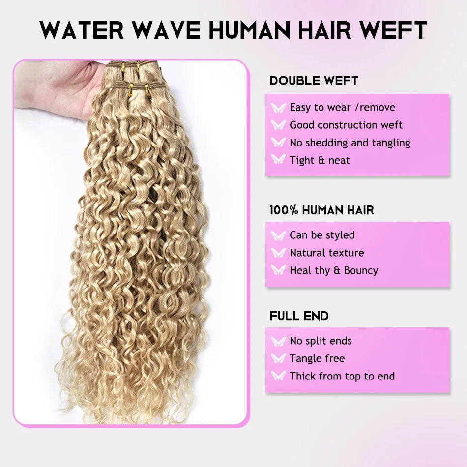26" Real Human Hair Weft Extensions 613 Ombre Blonde Human Hair Weft Water Wave Bundles Off Black Brown Ginger Bundles 100g/Pc