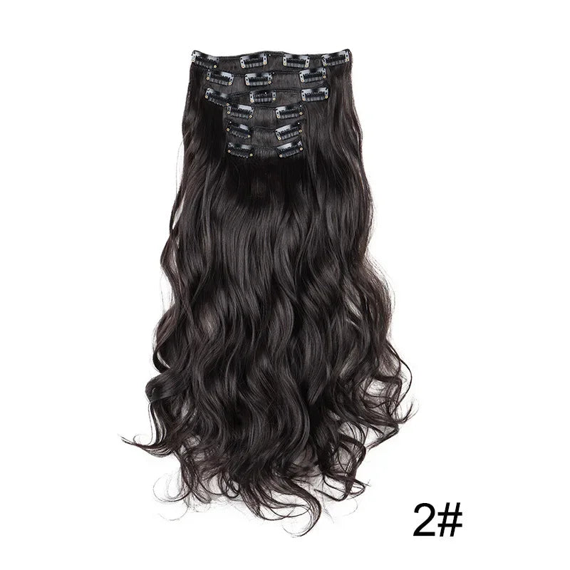 Black Hair Extensions 24"/60cm 6pcs/set Women Long Straight Synthetic Full Head Clip 16 Clips Ombre Heat Resistant Fiber Hair