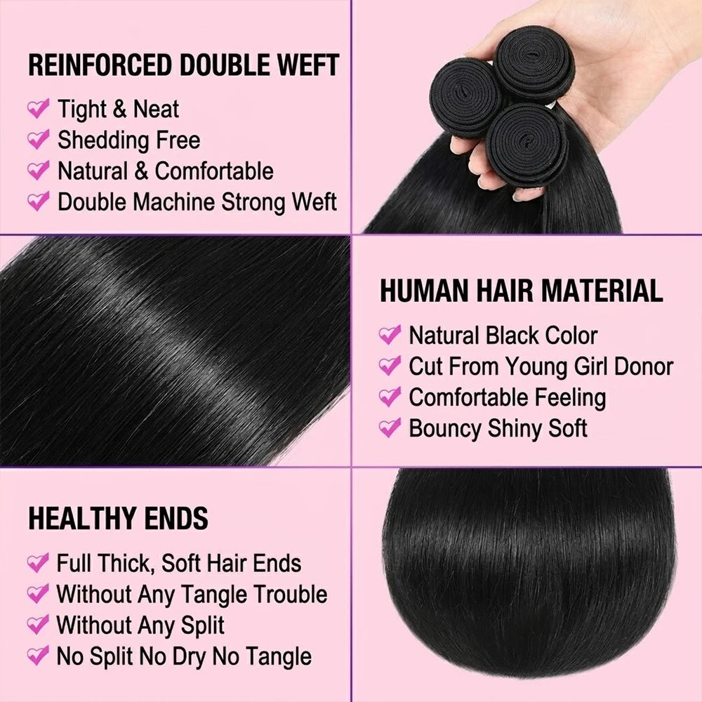 30 34 Inch Straight Human Hair Bundles Raw Hair Bundles 100% Human Hair Natural Brazilian Human Hair Extensions For Black Women