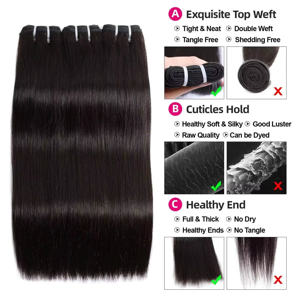 100% Quality Straight Human Hair Bundles Brazilian 16A Real Remy Weave Hair 26 28 30 Inch Unprocessed  Double Weft Raw Hair Bundles Extensions For Women