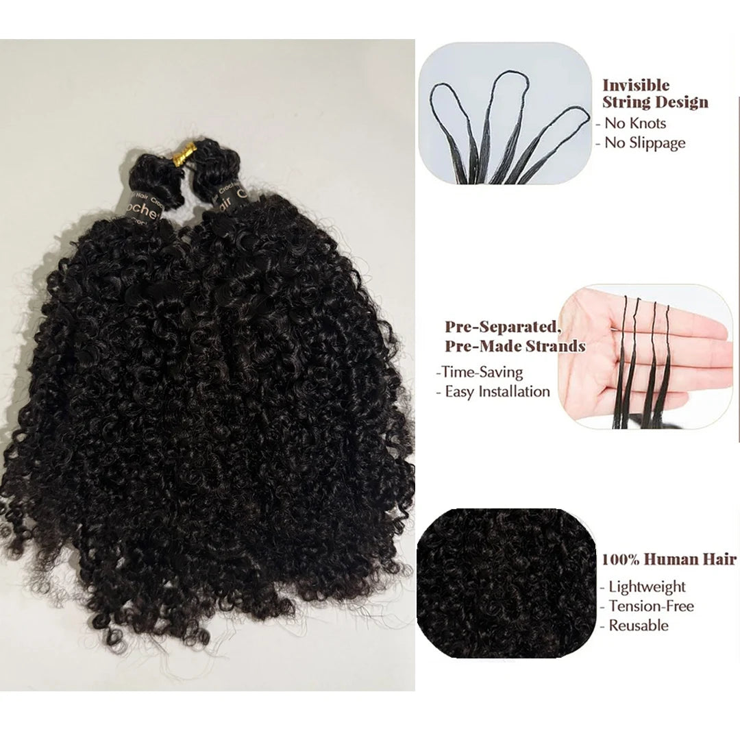 New Kinky Curly Crochet Human Hair Pre-Separated Feather Extensions 100% Real Human Hair Knotless Crochet Hair ExtensionNatural