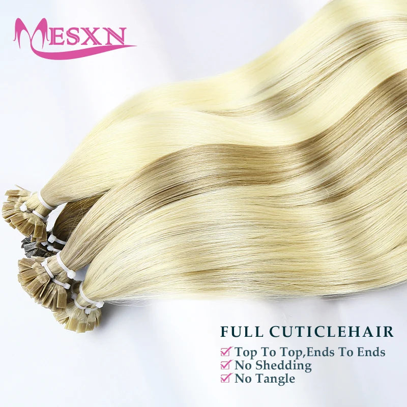 MESXN High Quality Flat Tip Hair Extensions Natural Real Human Fusion Hair Extensions Brown Blonde Color Thickening Of Roots