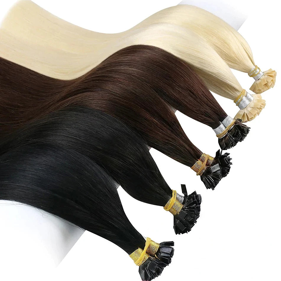 Ugeat Flat Tip Hair Extensions Human Hair Fushion Remy Hair 18-30" 50 Strands/Pack Natural Straight Keratin Hair Extensions