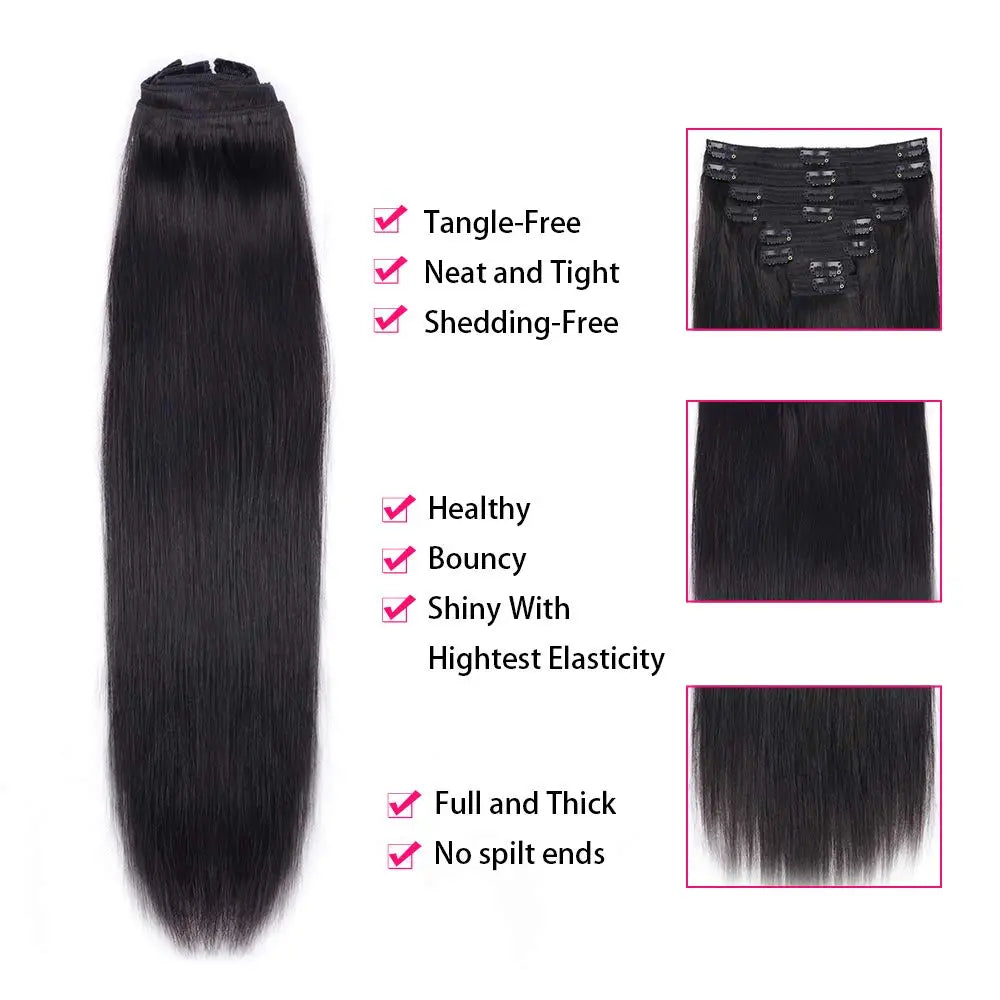 Straight Clip in Hair Extensions Human Hair 120G Full Head Clip In 8 Pcs/Set Virgin 100% Human Hair Natural Black Clip Ins Hair